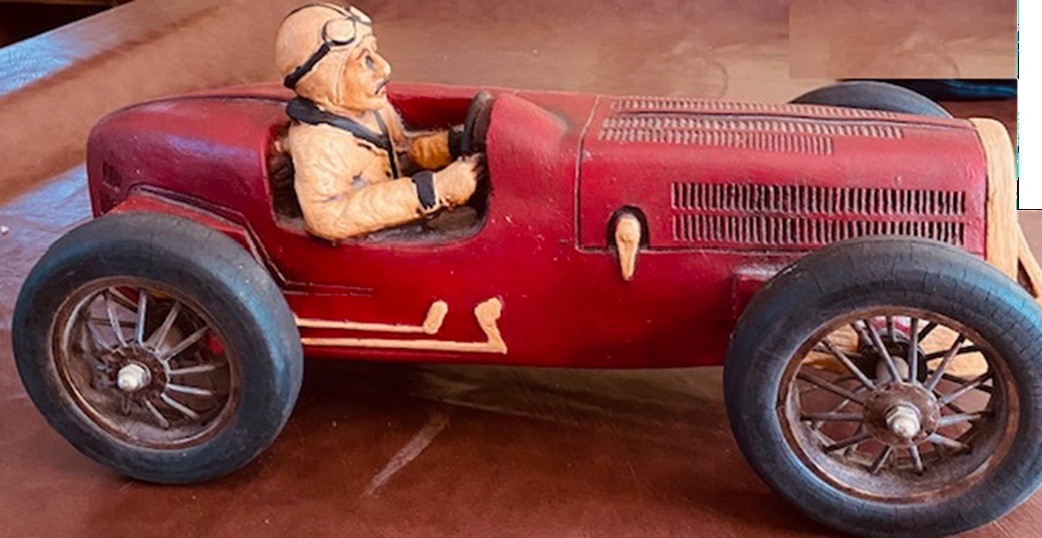 VINTAGE CLASSIC LARGE RACING SPORT CAR BUGATTI MODEL SCULPTURE WITH DRIVER 19” L