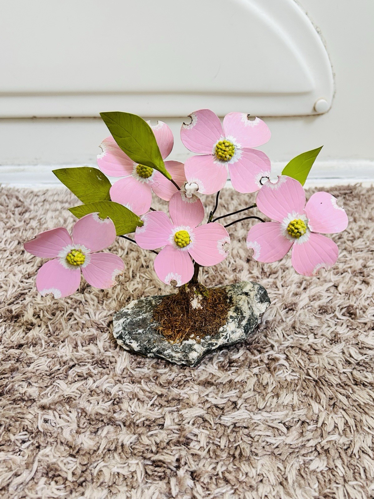 Vtg Pink Enamel Metal Cherry Blossom Bonsai Tree Wood Base Mid Century Decor Vtg Pink Enamel Metal Cherry Blossom Bonsai Tree Wood Base Mid Century Decor