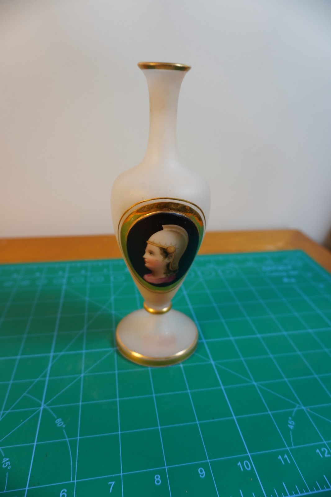 Antique Opaline Portrait Vase Satin Glass White Hand Painted Gold Rim Home Deco