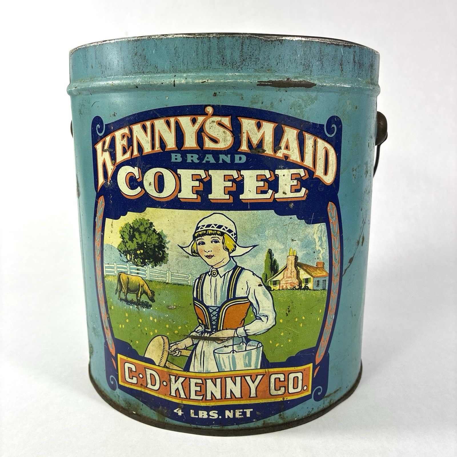 Rare Antique Kenny's Maid 4 lb Litho Coffee Tin Pail Dutch Lady Farm Cow Vtg Rare Antique Kenny's Maid 4 lb Litho Coffee Tin Pail Dutch Lady Farm Cow Vtg