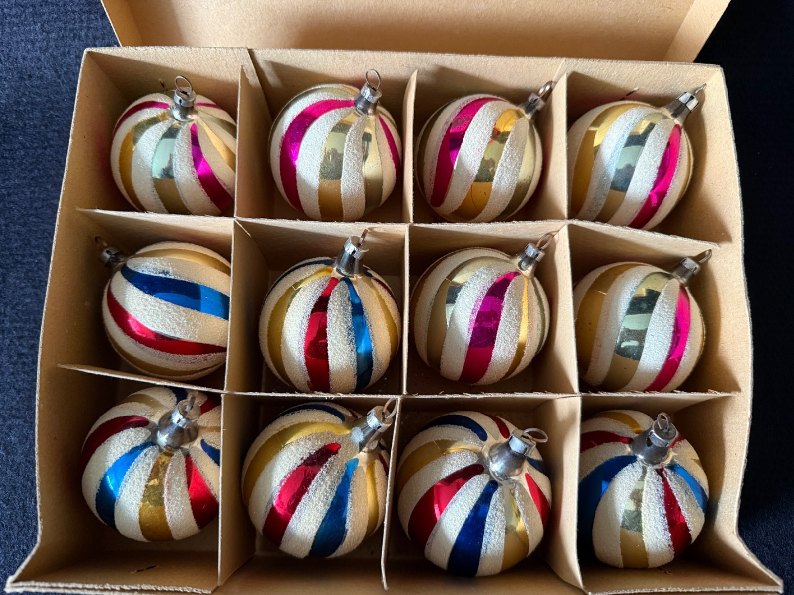 12 Vtg Harlequin Mercury Blown Glass Ornaments From Czechoslovakia - Orig Box