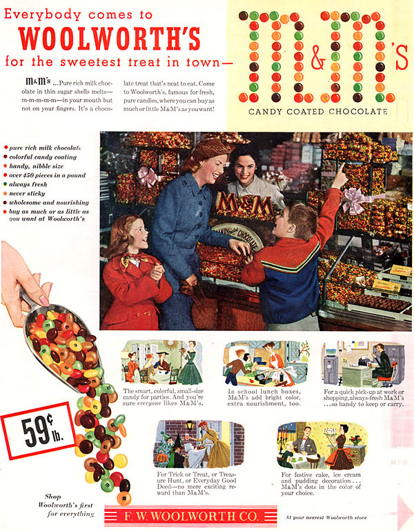 M & M Now At Woolworth\'s CANDY COUNTER Over 450 Pieces in 1lb 1952 MAGAZINE AD