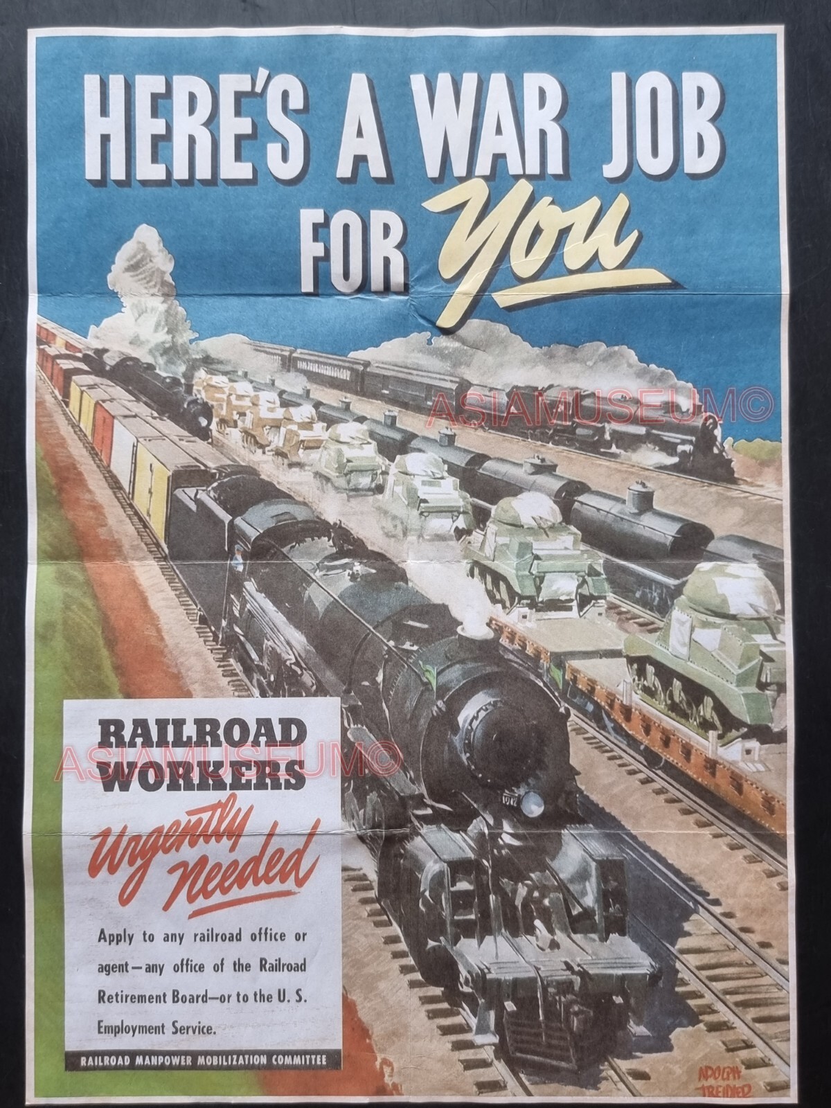 1943 WW2 USA AMERICA RAILROAD WORKER WAR TRAIN TANK PLANE PROPAGANDA POSTER 741