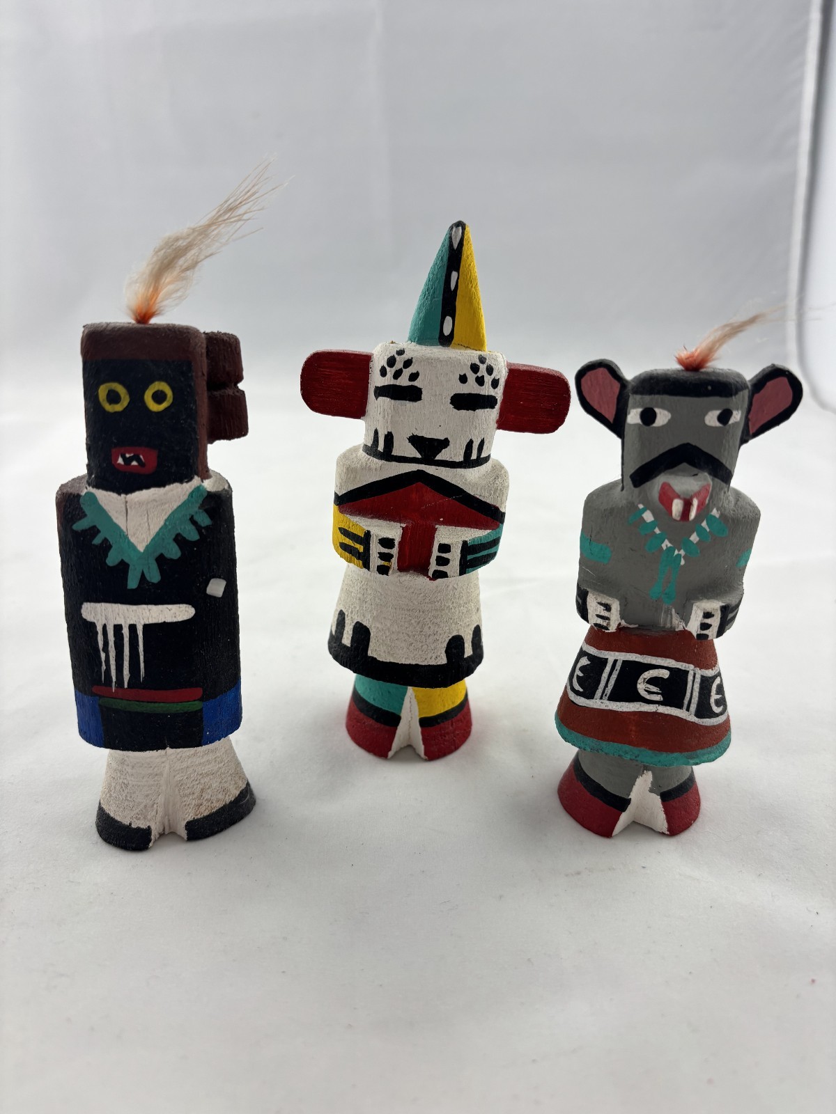 Wonderful group of three vintage Route 66–style carved wood kachina/katsina figu
