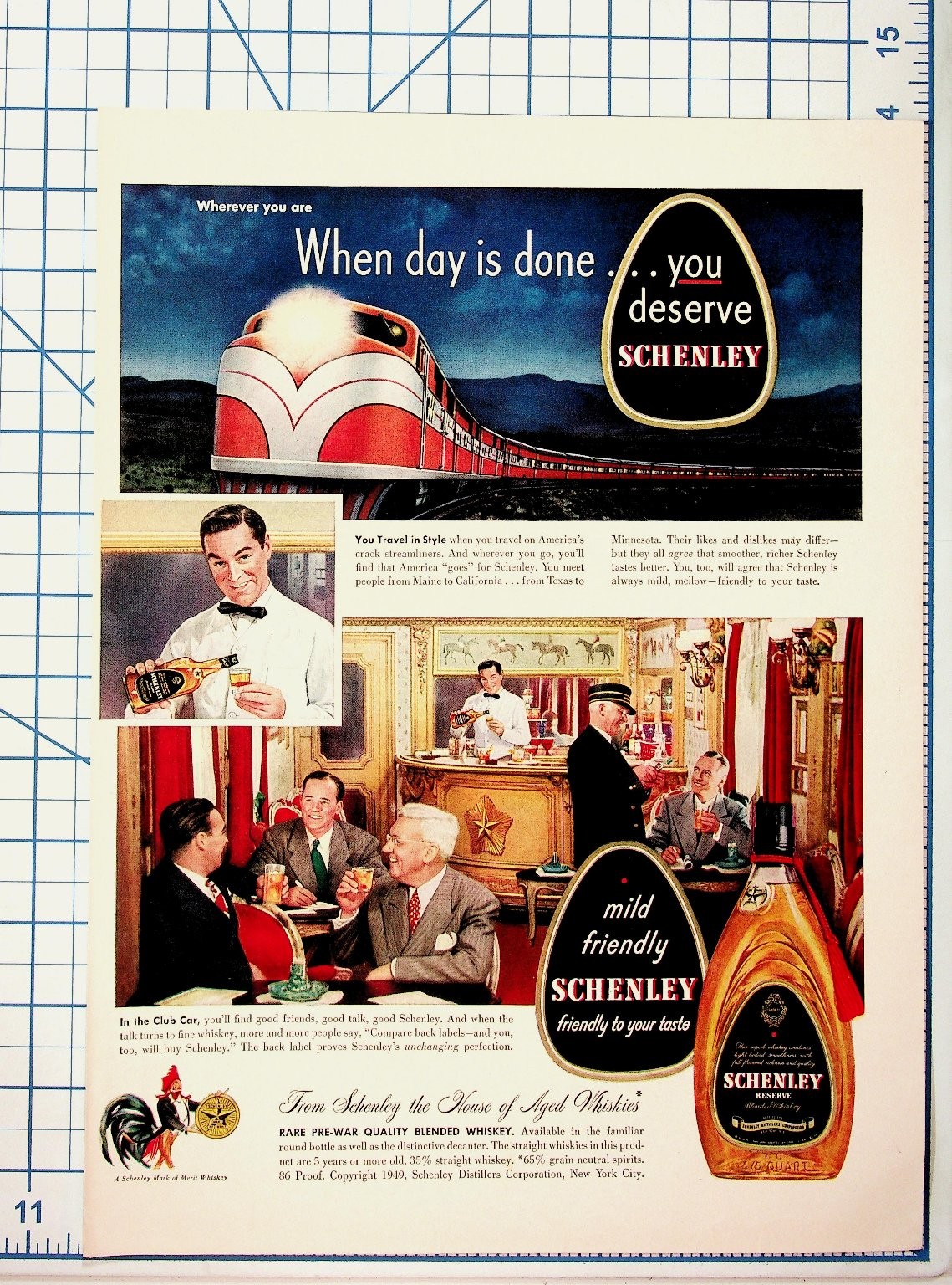 1949 Schenley Whiskey Vintage Ad Streamliner Train Club Car Bar