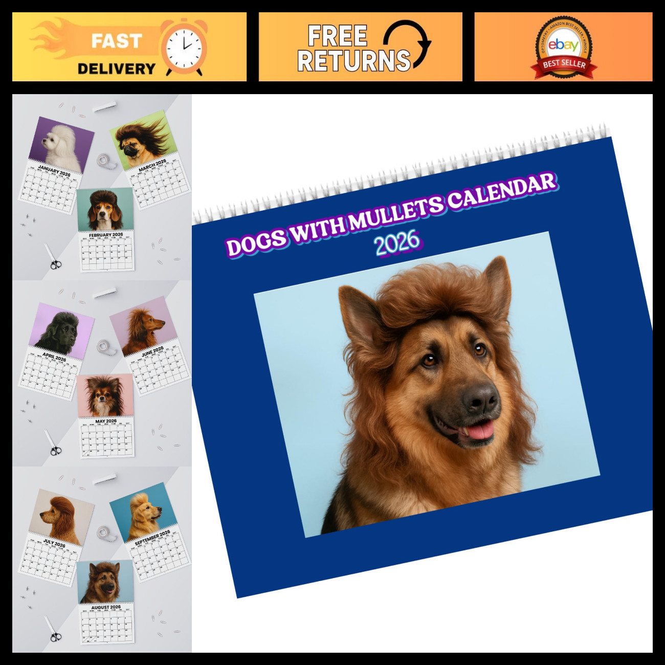 Funny Dogs with Mullets Calendar 2026 - 12 Dog Breeds, Spiral Wall Decor, Gift f