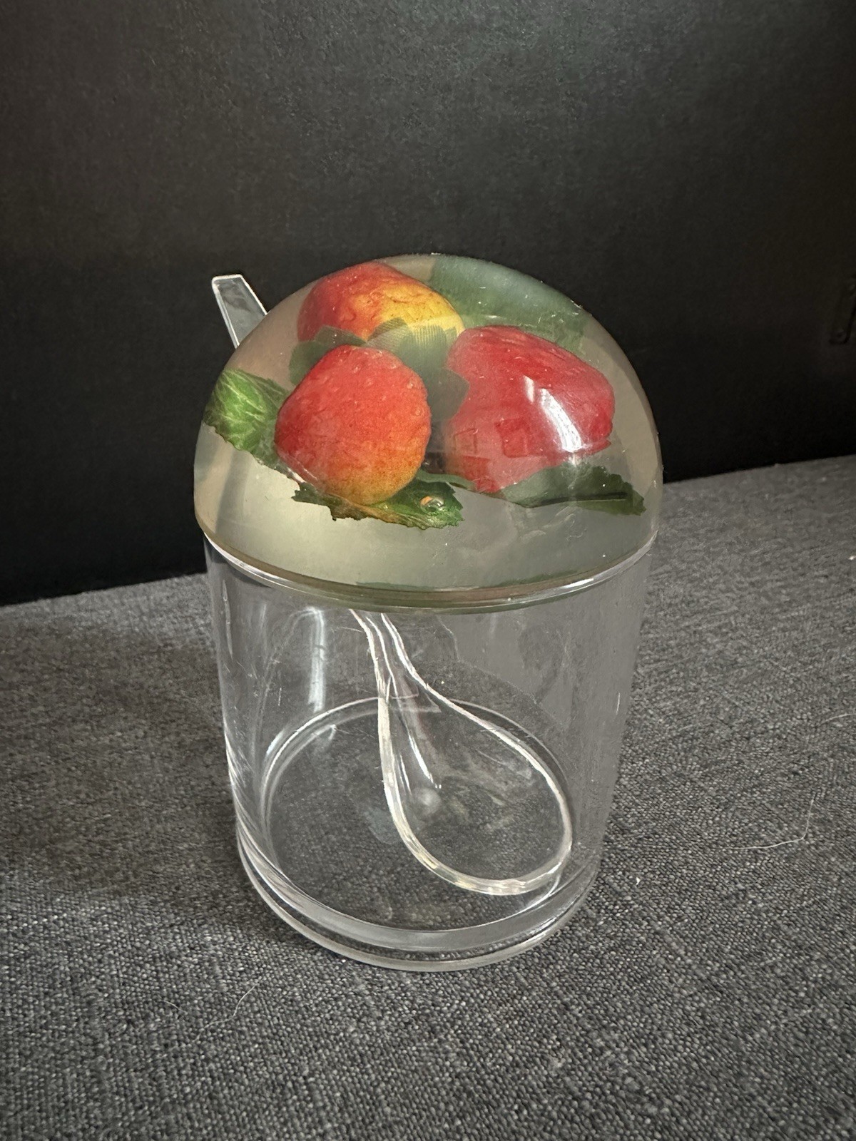 Strawberry Fruit Glass Condiment Jam Jar w/ Decorative Lid & Plastic Spoon