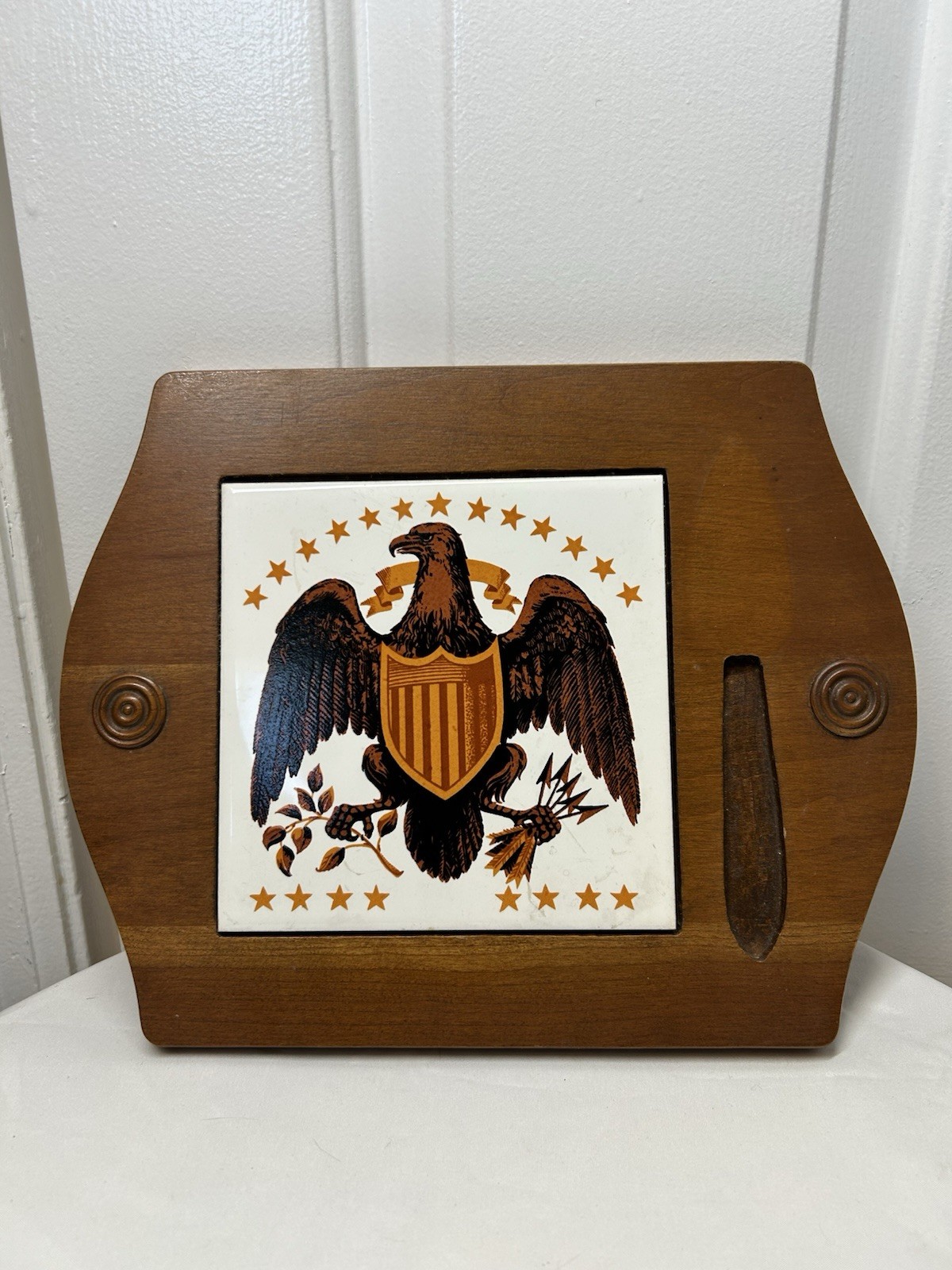 Vintage 1970s Wood Cheese Charcuterie Board Patriotic Eagle Ceramic Tile