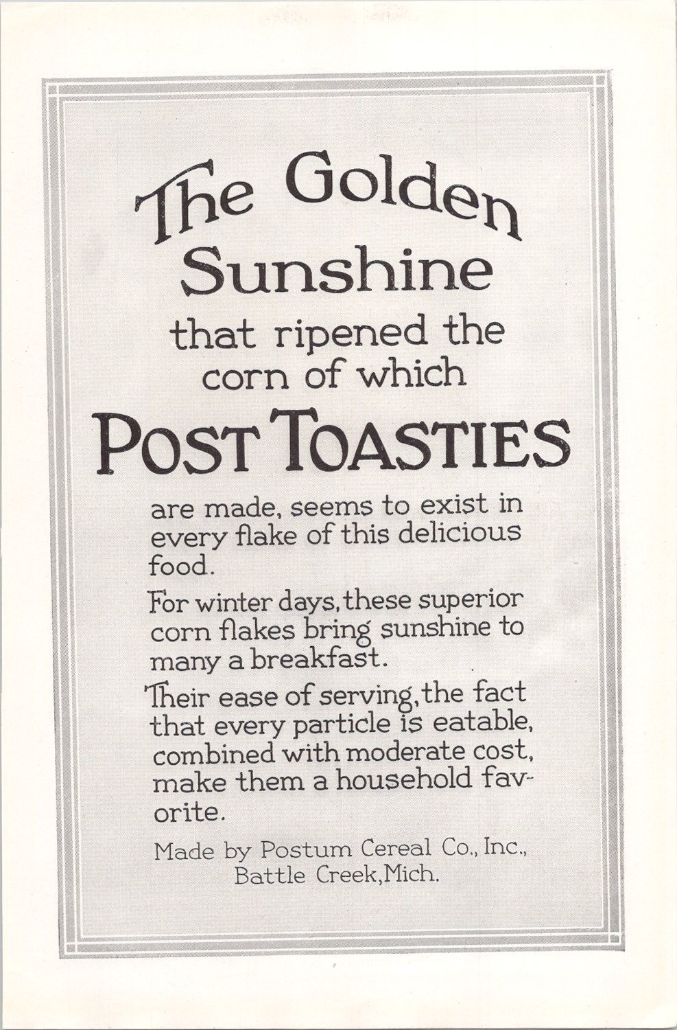 Post Toasties Vintage Print Ad 1920s Original Battle Creek Corn Flakes Post Toasties Vintage Print Ad 1920s Original Battle Creek Corn Flakes