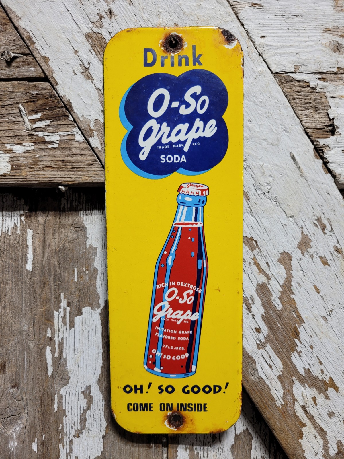 VINTAGE O-SO SODA PORCELAIN SIGN OLD BEVERAGE GRAPE COLA DRINK OLD POP BOTTLE