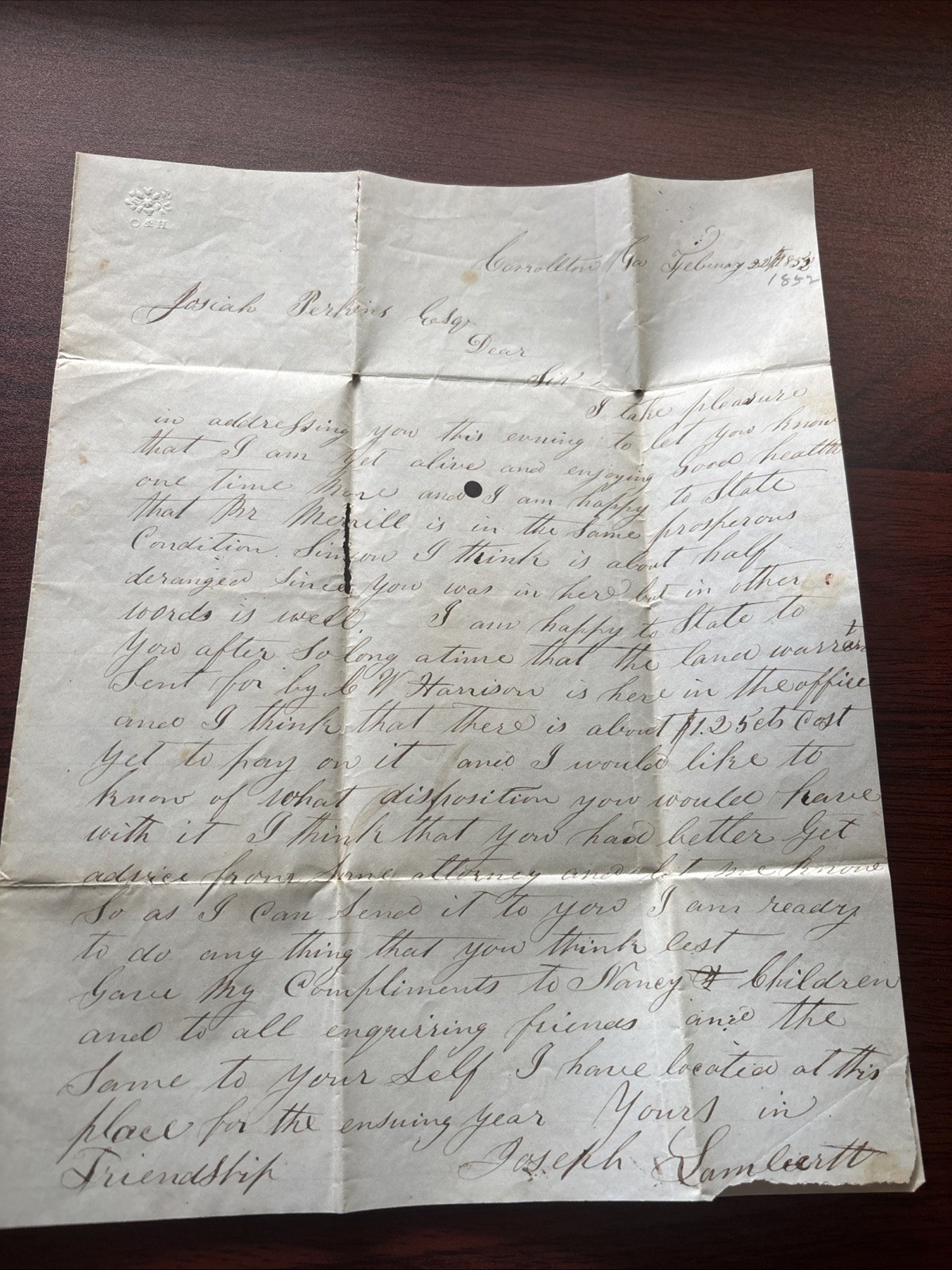 Letter To Josiah Perkins 1852 Letter To Josiah Perkins 1852