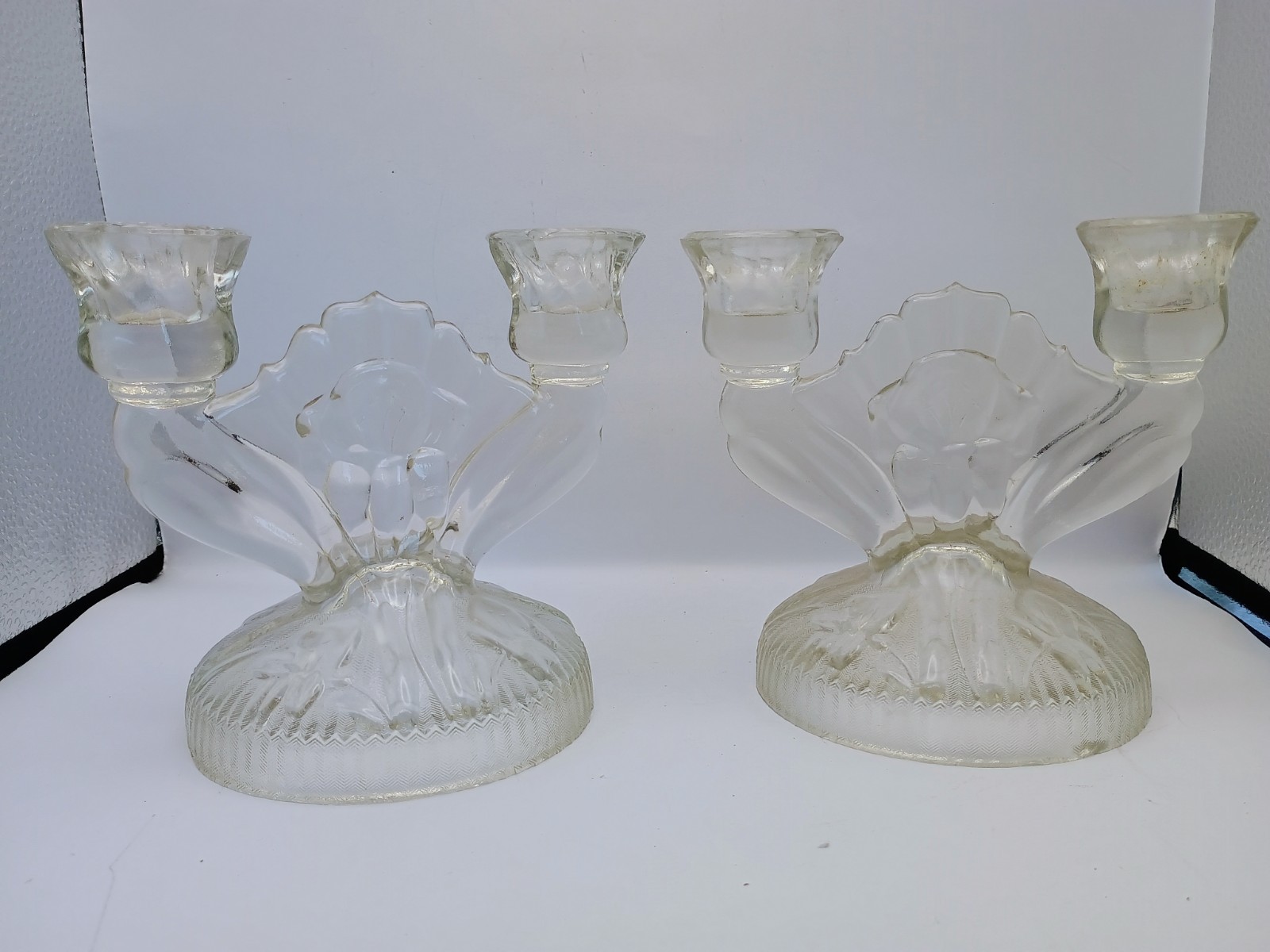 Vtg Pair Jeannette Iris & Herringbone Clear Dbl Taper Glass Candlestick Holders