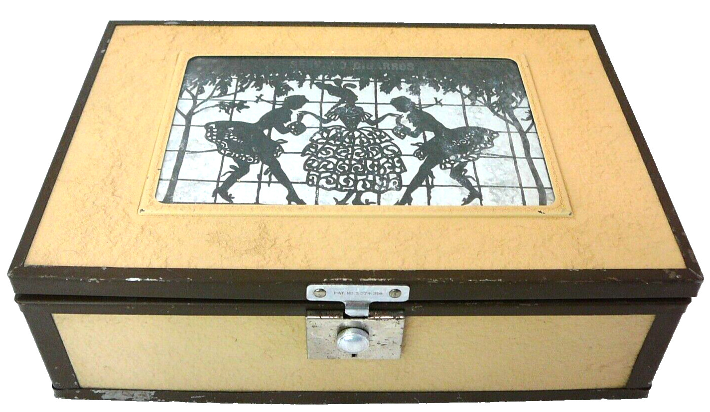VTG 1920s Wood Cigar Box Mirror Serrao Tax Stamp Reverse Silhouette Tobacciana