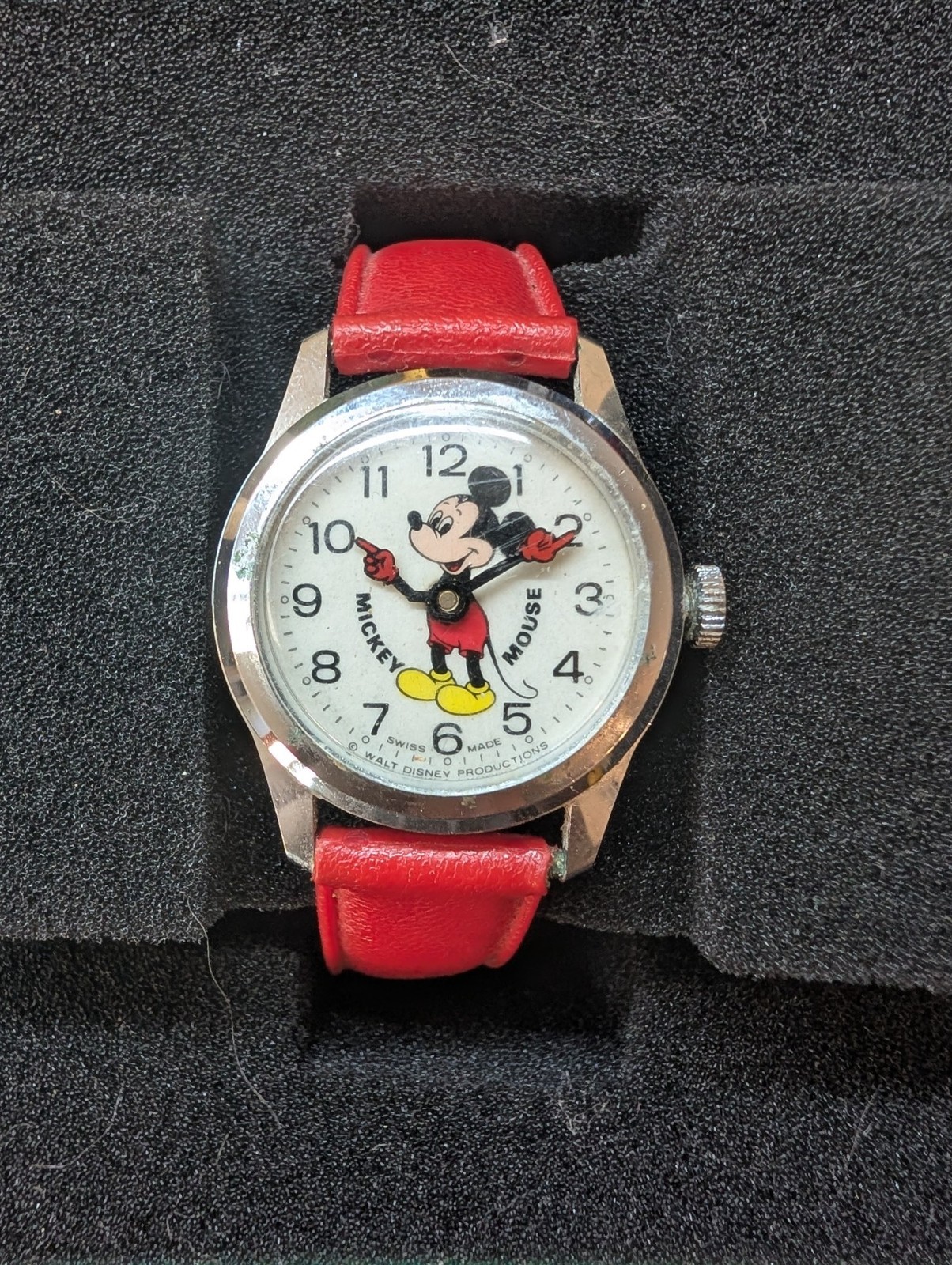 Vintage Bradley Mickey Mouse Wind Up Watch Swiss Made Red Strap Walt Disney Runs