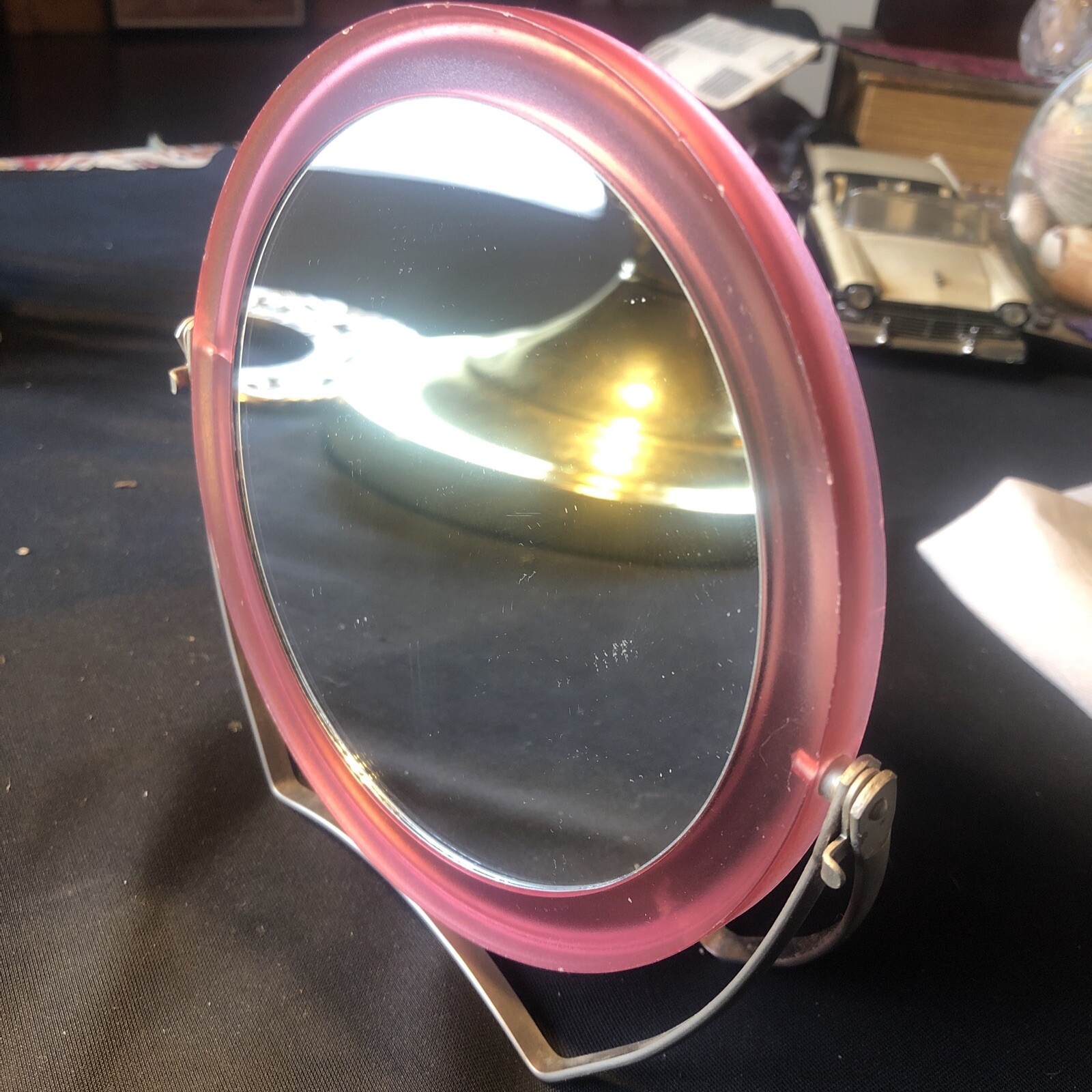 Travel shaving, vanity mirror, swivel style, metal frame With Pink Plastic Cover Travel shaving, vanity mirror, swivel style, metal frame With Pink Plastic Cover
