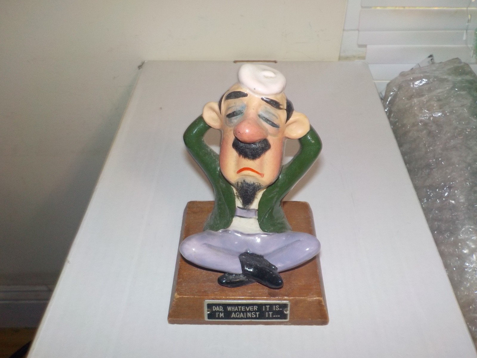 Vintage 1960s Kreiss Ceramics Sitting Beatnik Figure On Wood Base \ Vintage 1960s Kreiss Ceramics Sitting Beatnik Figure On Wood Base \
