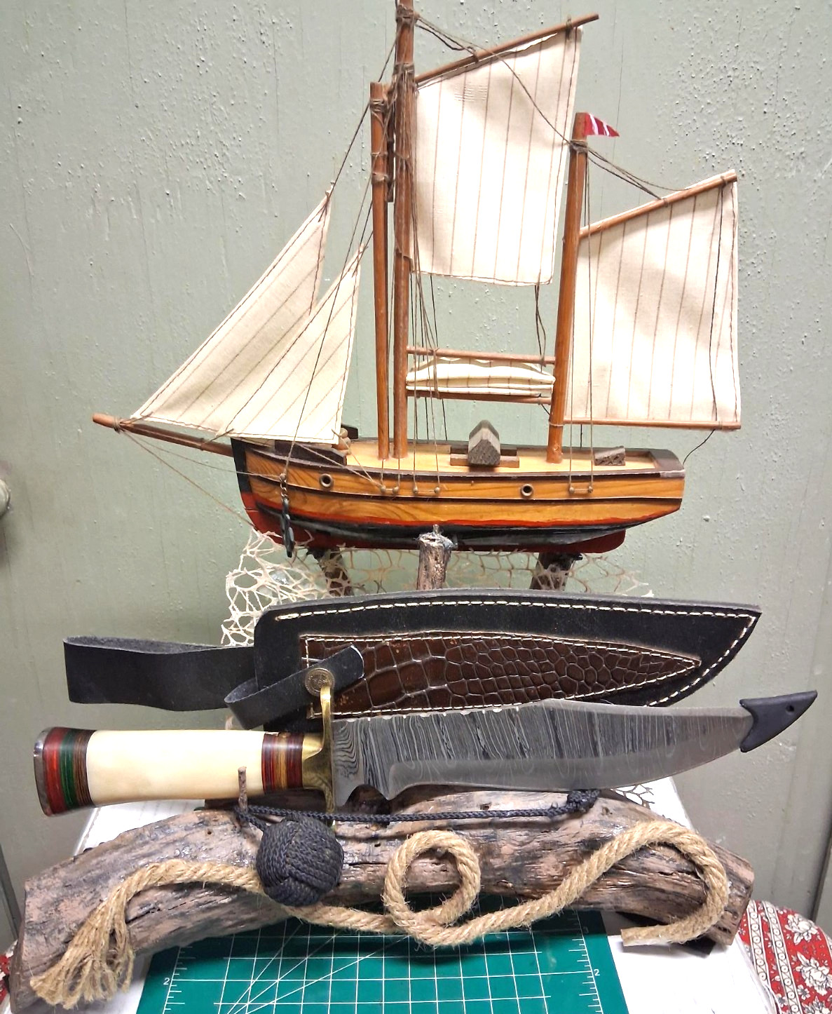 Ship master's knife, Damascus has a stand and sheath, & a (Monkeys fist) New