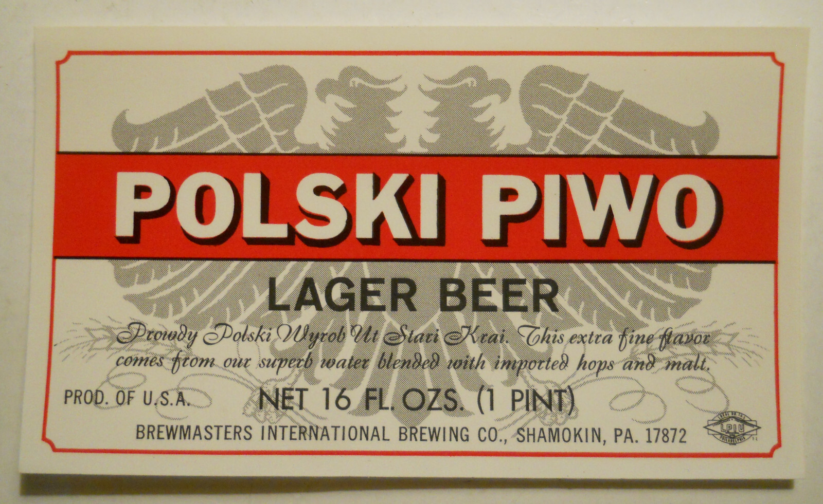 VIntage Polski Piwo Lager Beer (Shamokin, Pennsylvania) Beer Bottle Label