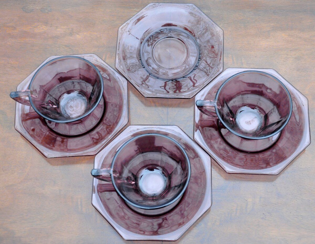 1960s HAZEL Ware MOROCCAN AMETHYST Octagonal 8-sided cups and saucers 7 pcs.