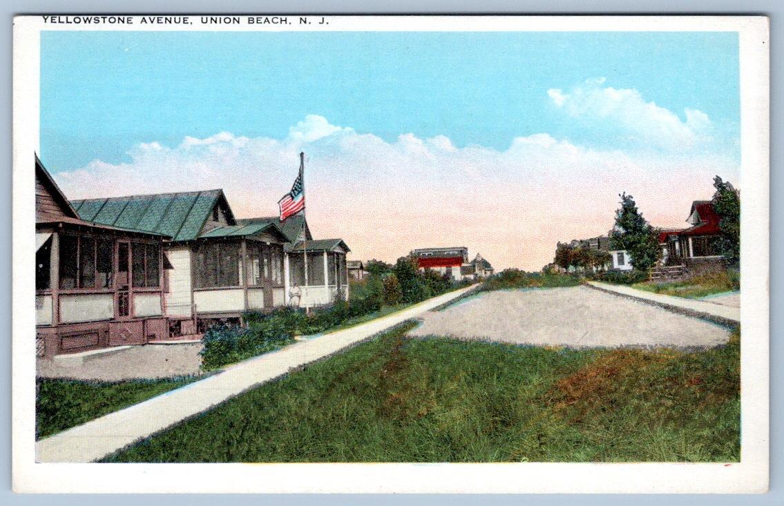 1920-30\'s UNION BEACH NEW JERSEY NJ YELLOWSTONE AVENUE AMERICAN FLAG POSTCARD