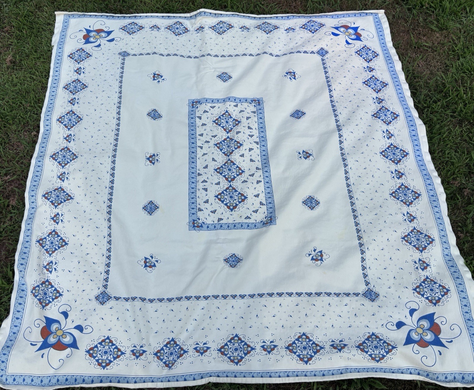 Vtg Blue Nordic Danish Scandinavian CUTTER Heavy Tablecloth Rectangular Flaws