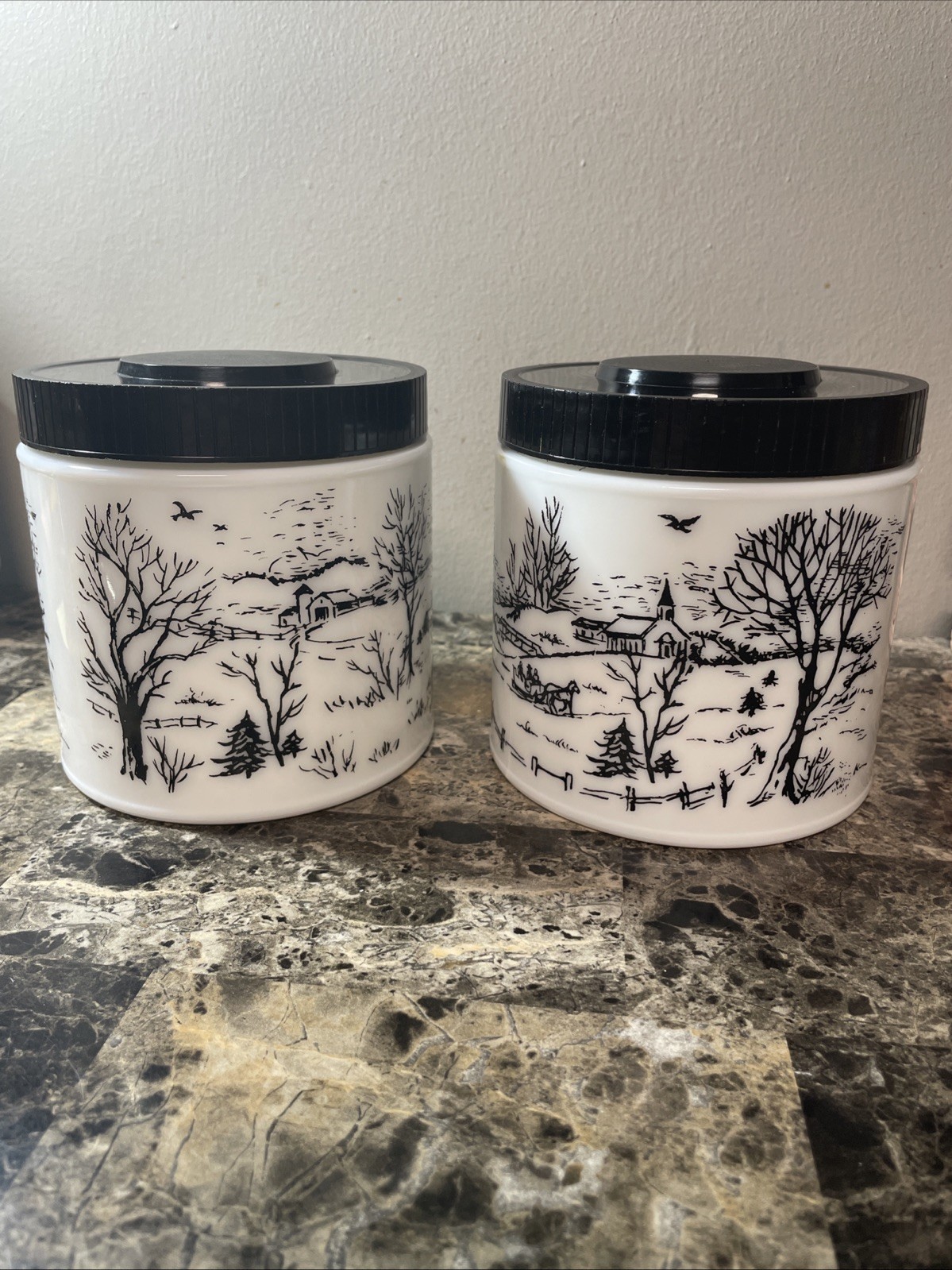 VTG ser Of 2 1960s Maxwell House White Milk Glass Coffee Canister Winter Scenes
