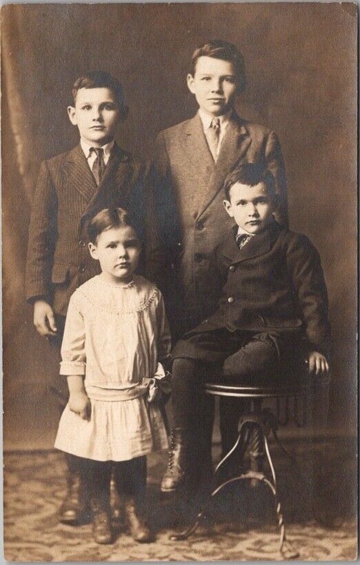 1910s RPPC Photo Postcard 3 Boys in Suits with Little Sisters / Studio Portrait