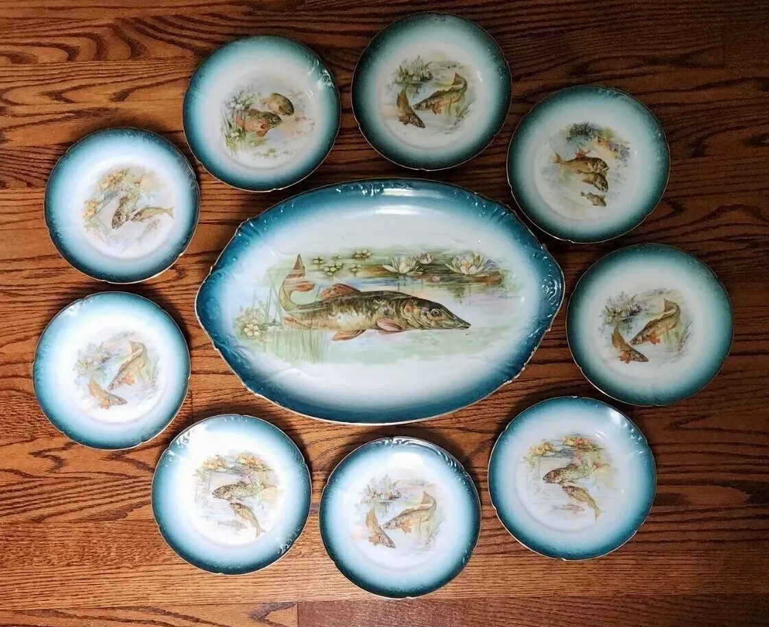 *9* Joseph Schachtel Porcelain Fish Plates & Serving Platter Germany c1890\'s A++