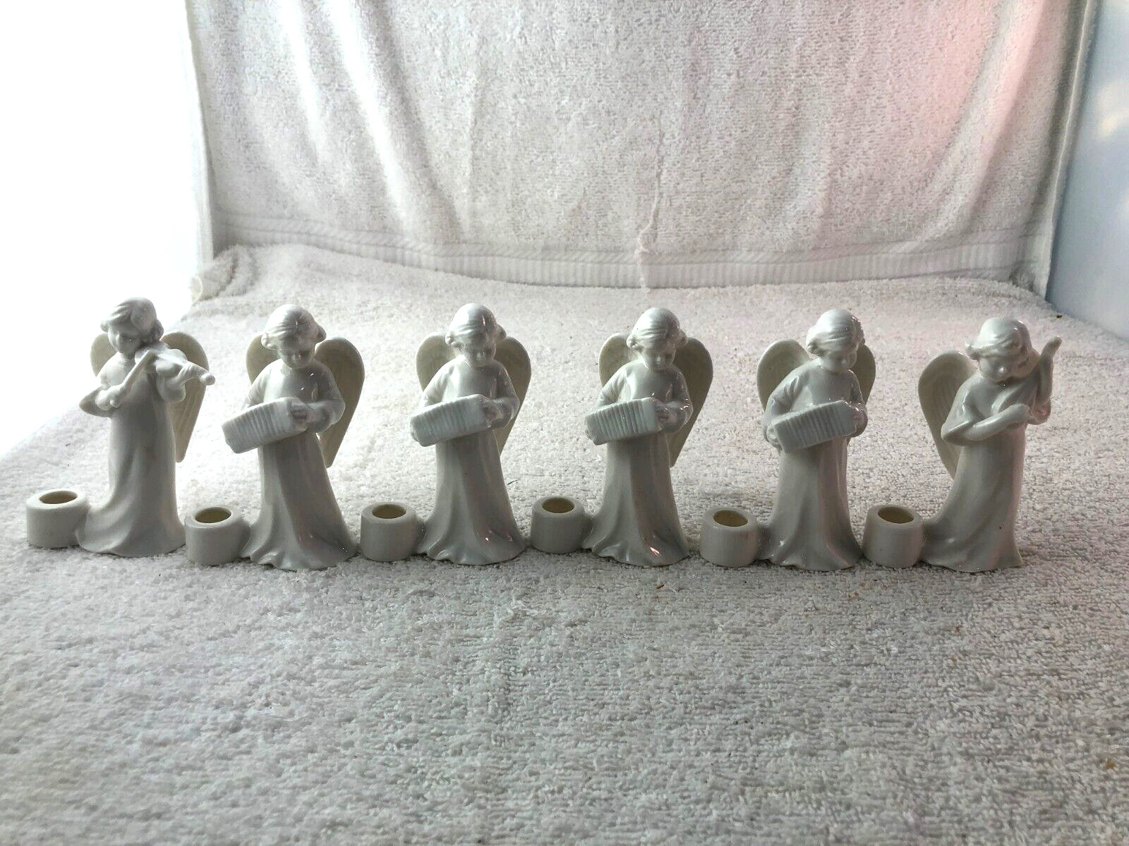 6 Vtg CCCC White Porcelain Angel Candle Holders Playing Music Christmas Japan