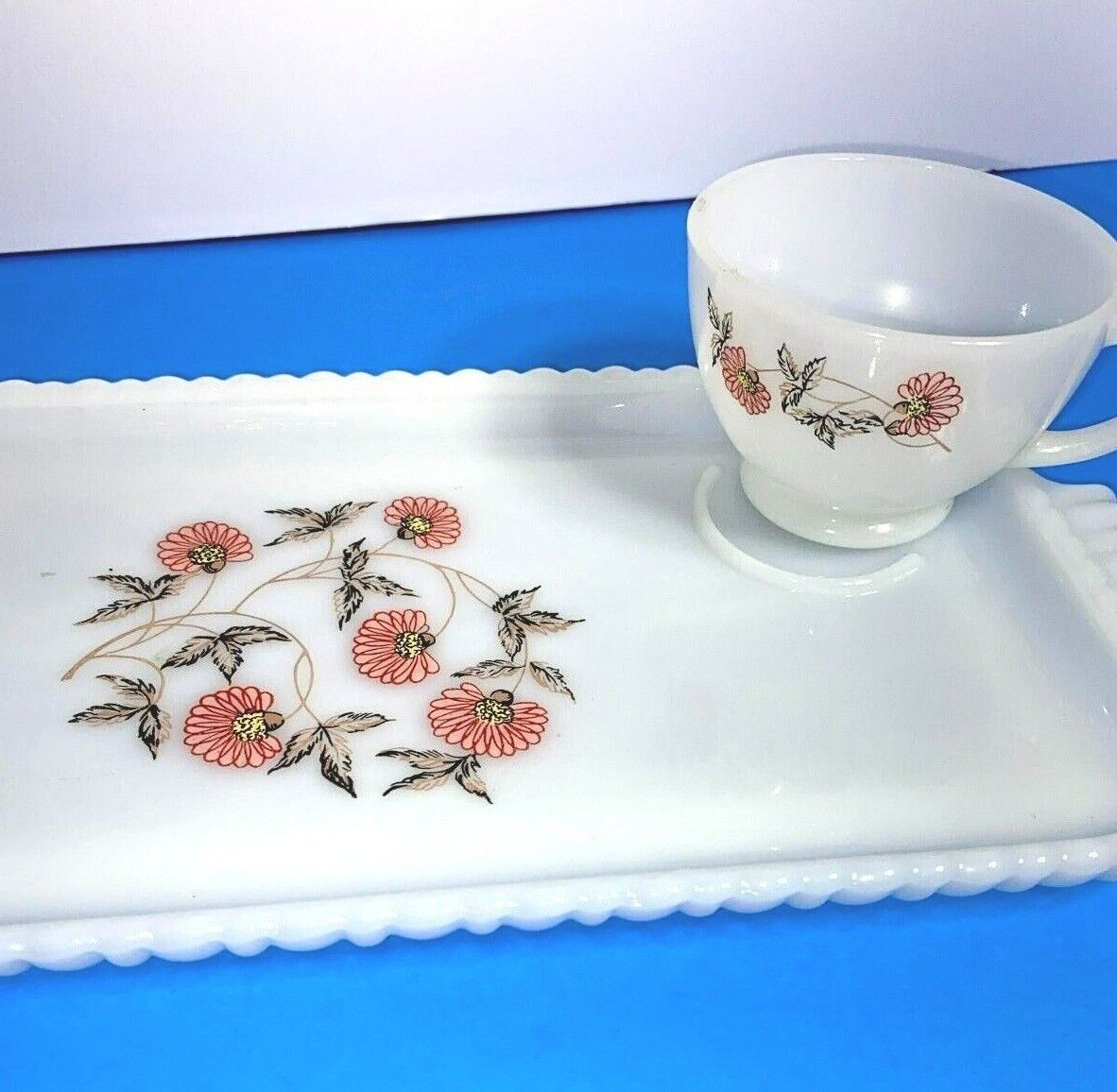 Vintage Fire King Anchor Hocking Snack Set Fleurette Pink Flowers Cup and Tray
