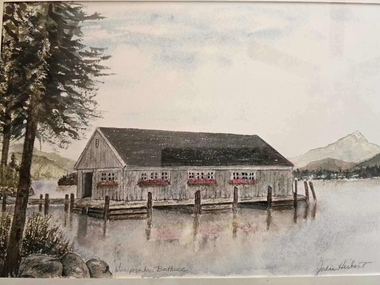 Water Color Painting Of Lake Winnipesaukee NH  Boat House By Jodie Herbert 