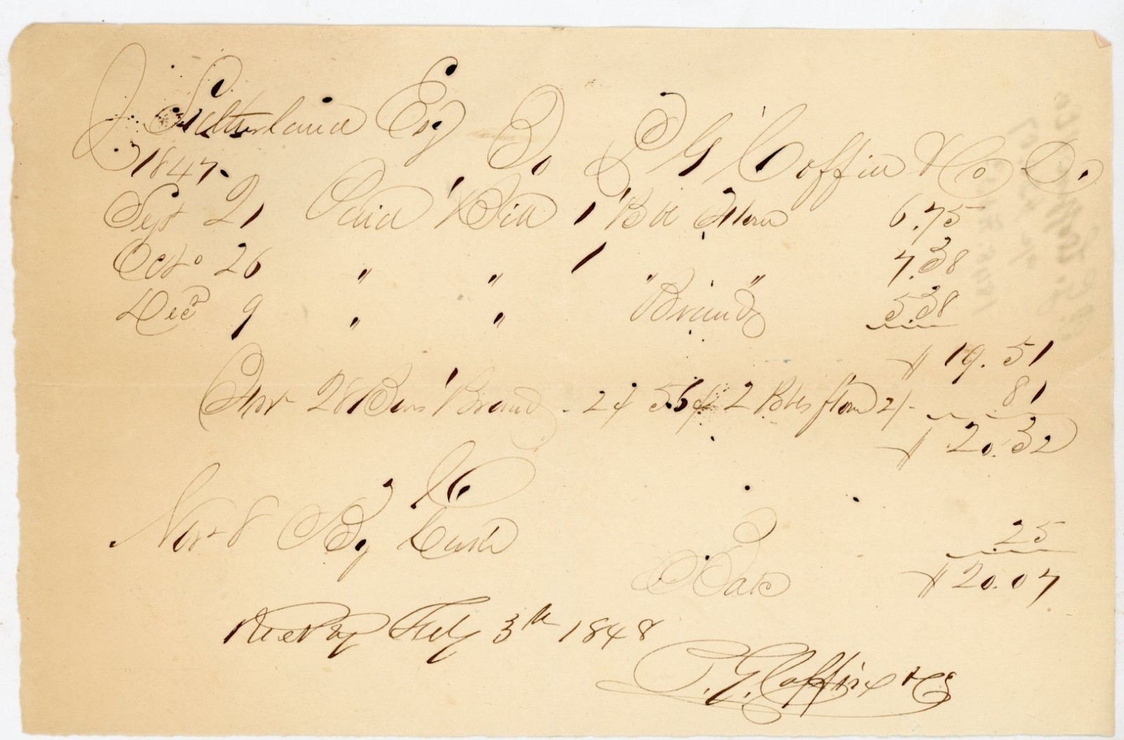 1848 Antique Hand-Written Receipt P. G. Coffin & Co. Flour & Goods Invoice Manus