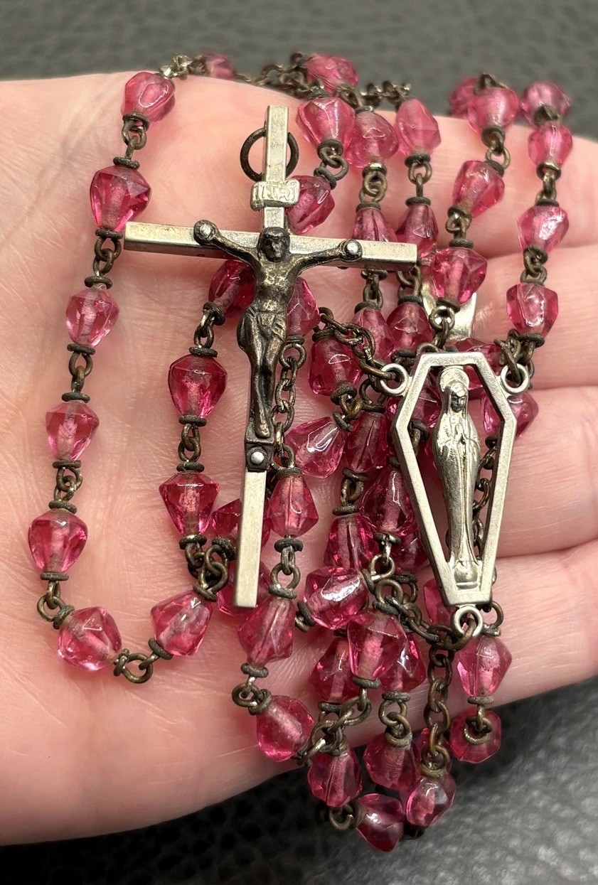 Vintage Pink Glass Bead Rosary Crucifix Cross Religious Necklace Silver Tone 28” Vintage Pink Glass Bead Rosary Crucifix Cross Religious Necklace Silver Tone 28”