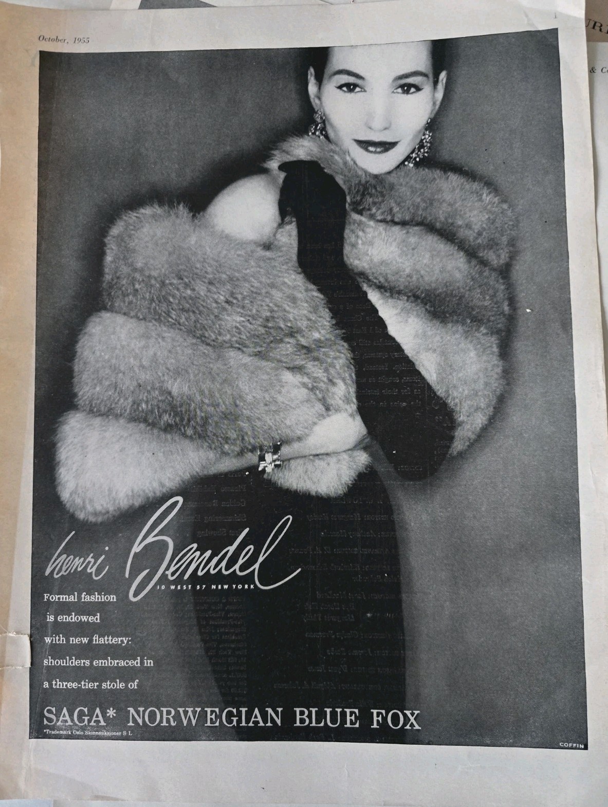 1955 Women's Saga Norwegian blue fox fur stole Henri Bendel vintage fashion ad 1955 Women's Saga Norwegian blue fox fur stole Henri Bendel vintage fashion ad