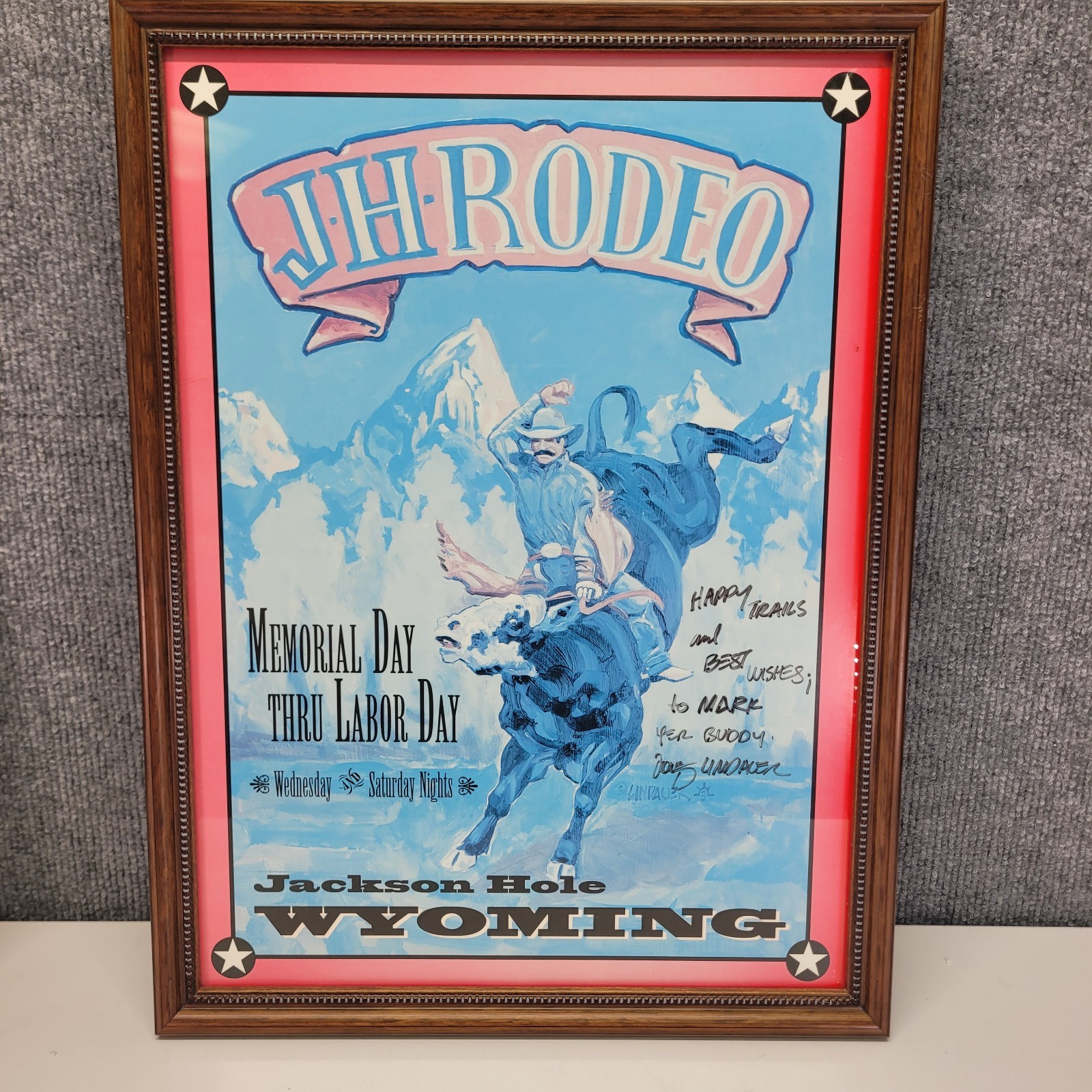 Vintage Doug Lindauer Signed Jackson Hole Rodeo Framed Poster Print Wyoming Art