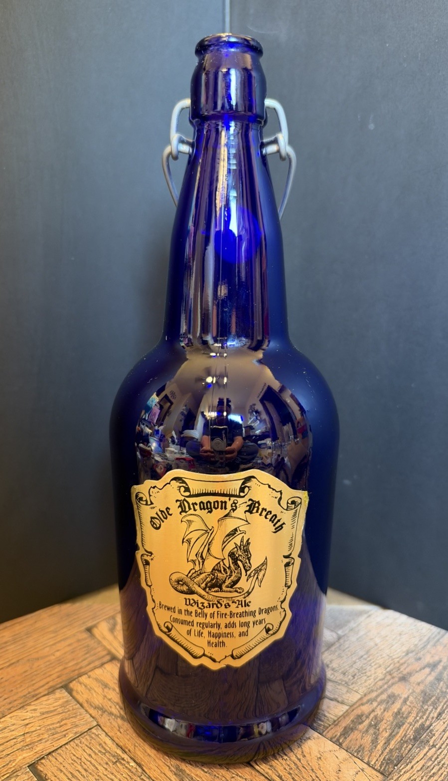 Vtg Cobalt Blue Glass Bottle Wire Bale Flip Top Olde Dragons Breath Wizards Ale