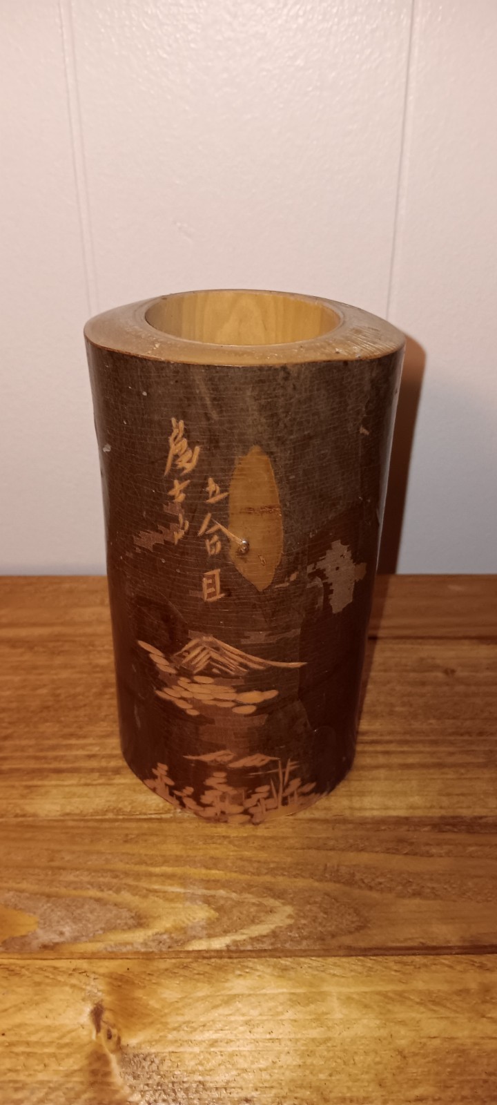 Rare Antique Japanese Carved Wooden Brush Holder Japan Artist Pencil Vase