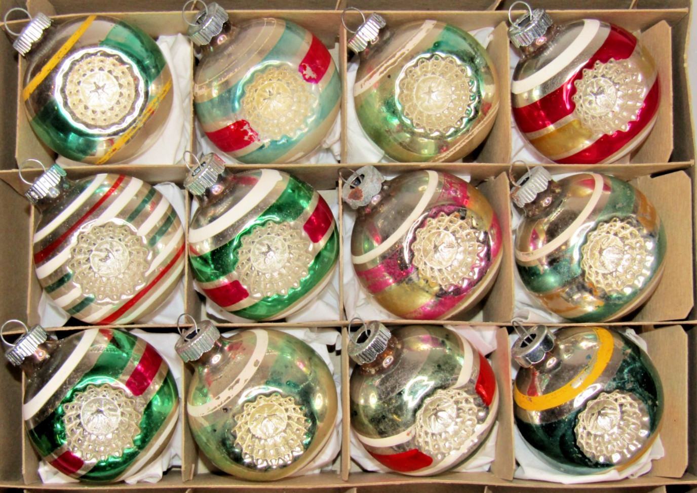Lot VTG Glass Double Indent STARBURST Stripe BALL Christmas Ornament Shiny Brite