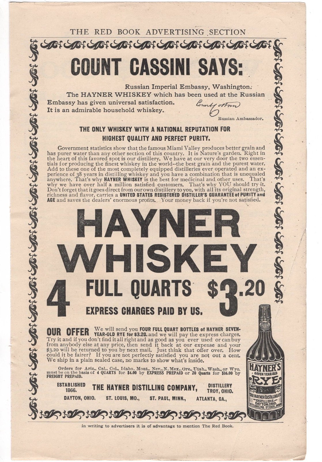 Original 1905 Hayner Whiskey Troy OH Count Cassini Says Antique Vintage Print Ad