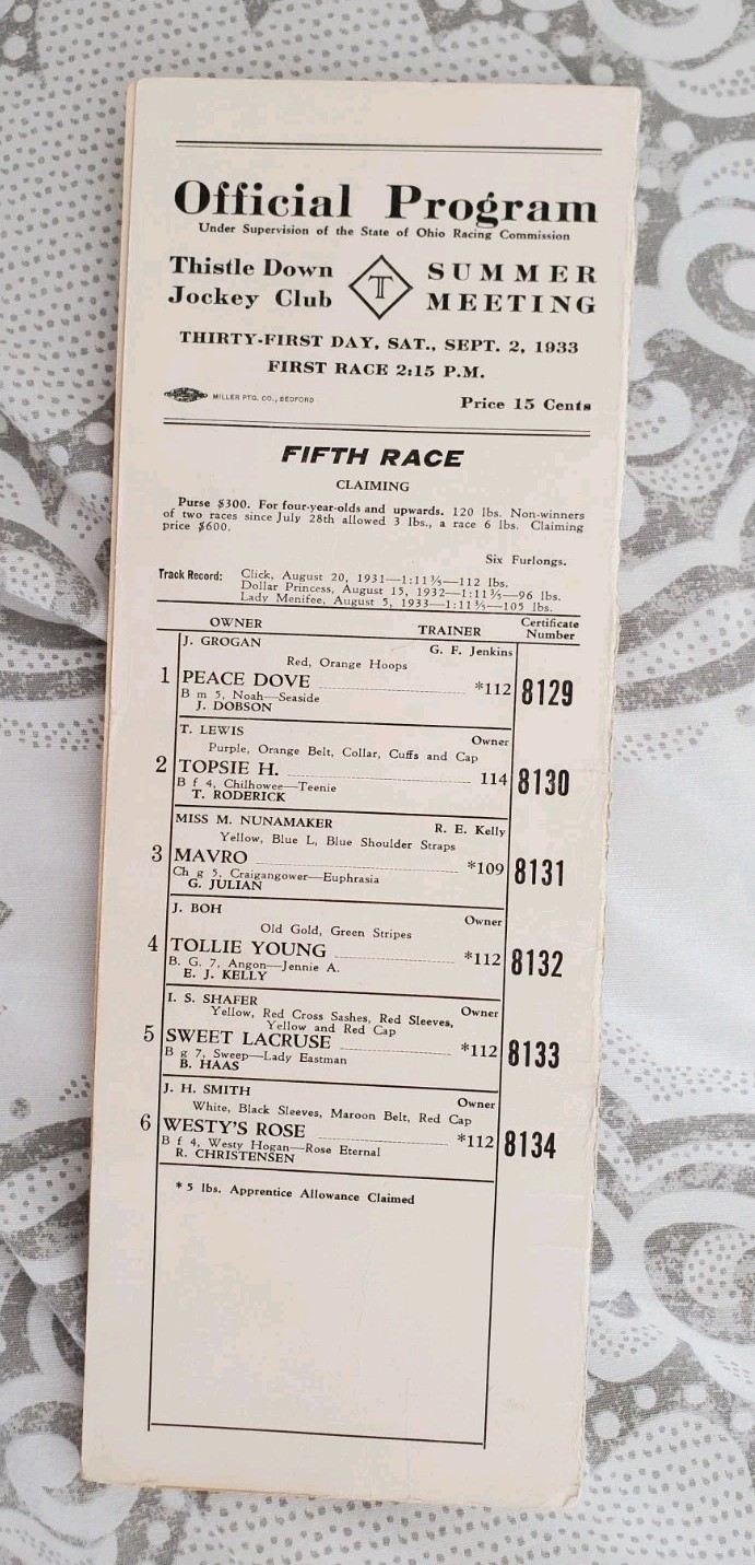 Antique 1933 Program Thistle Down Thistledown Horse Racing Track Cleveland Ohio
