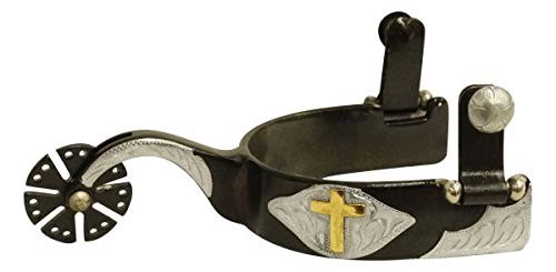 Showman Men\'s Black Steel Spurs w/ Gold Cross Overlay