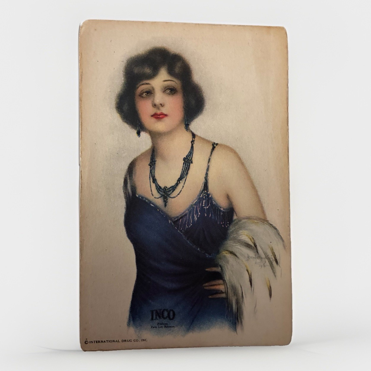 Antique 1920s INCO Pildoras Advertising Trade Card Flapper Glamour Girl Medicine