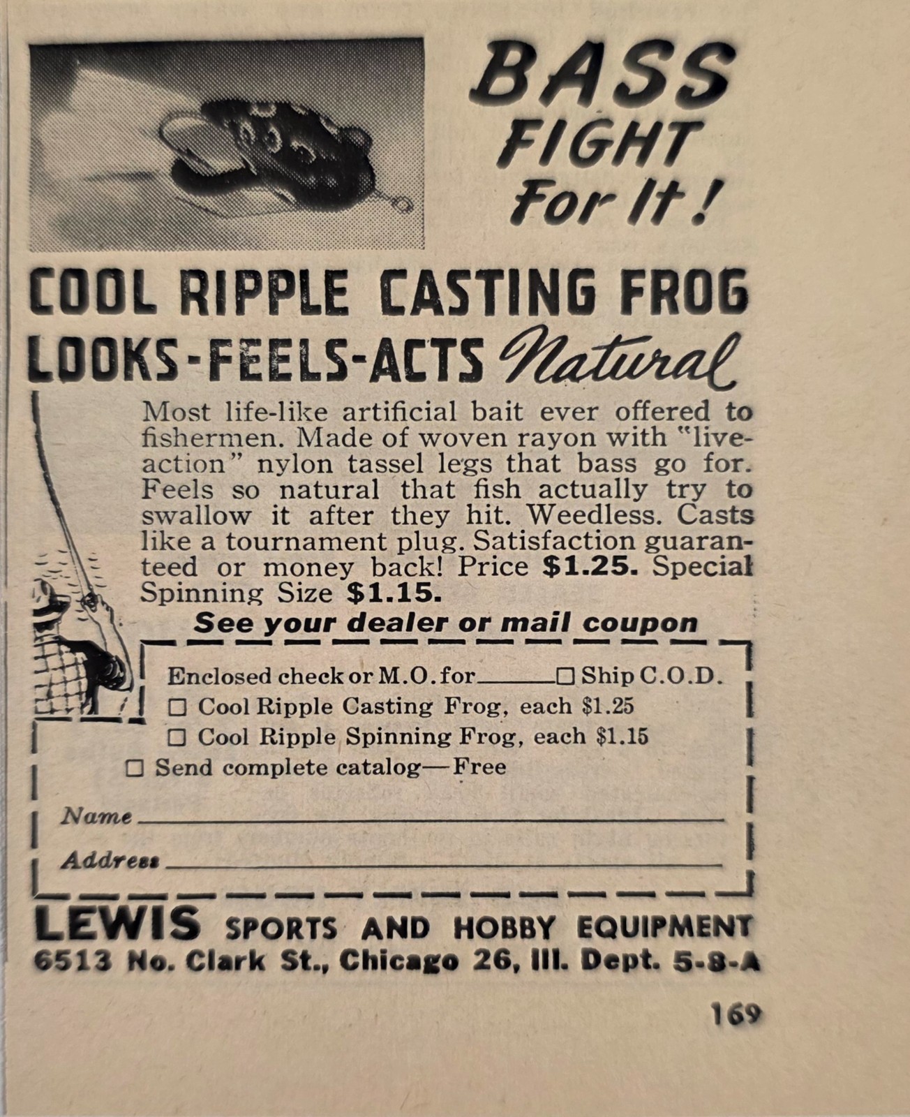 1948 Print Ad Cool Ripple Casting Frog Fishing Lures Lewis Sports Chicago,IL