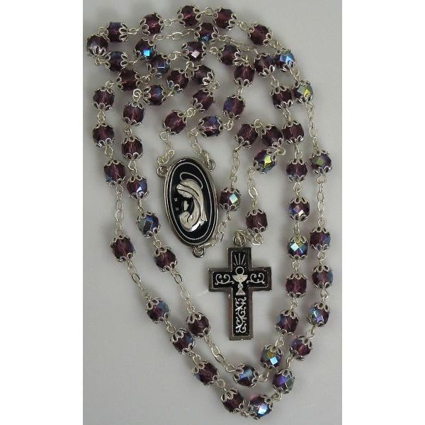Damascene Silver Rosary Cross Virgin Mary Purple Beads by Midas of Toledo Spain
