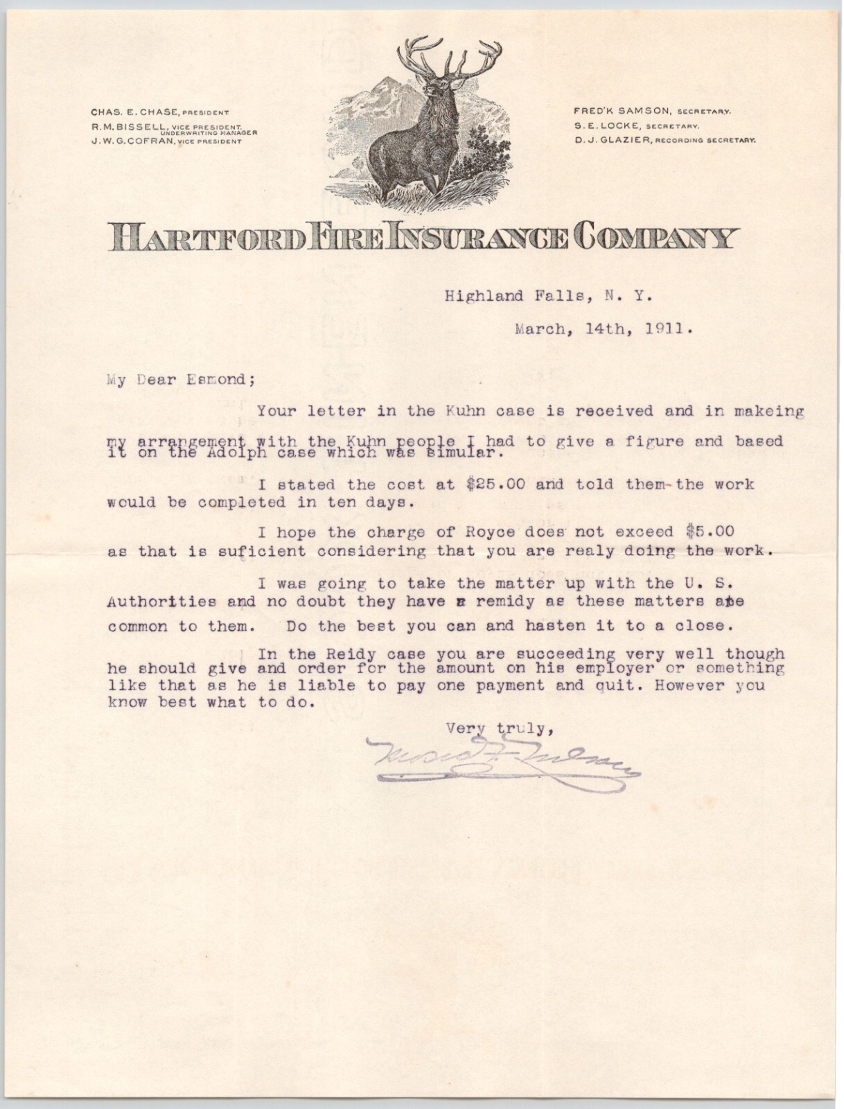 1911 Hartford Insurance Co Highland Falls NY Letterhead