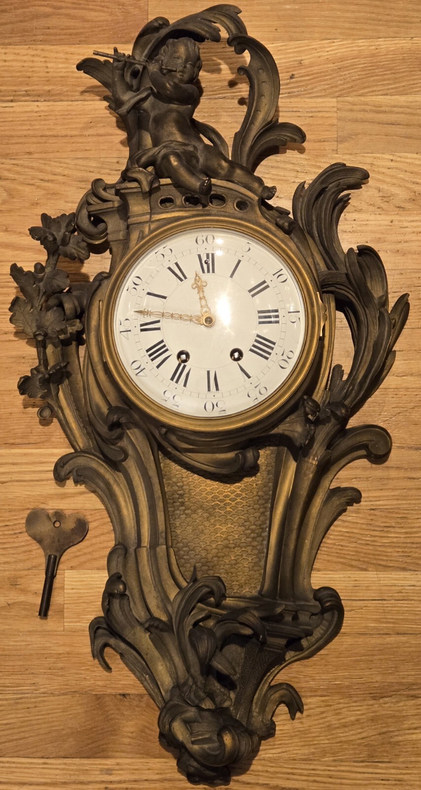 Tiffany & Co Exceptional French Gilt Bronze Cartel Clock. Flute Playing Cherub 