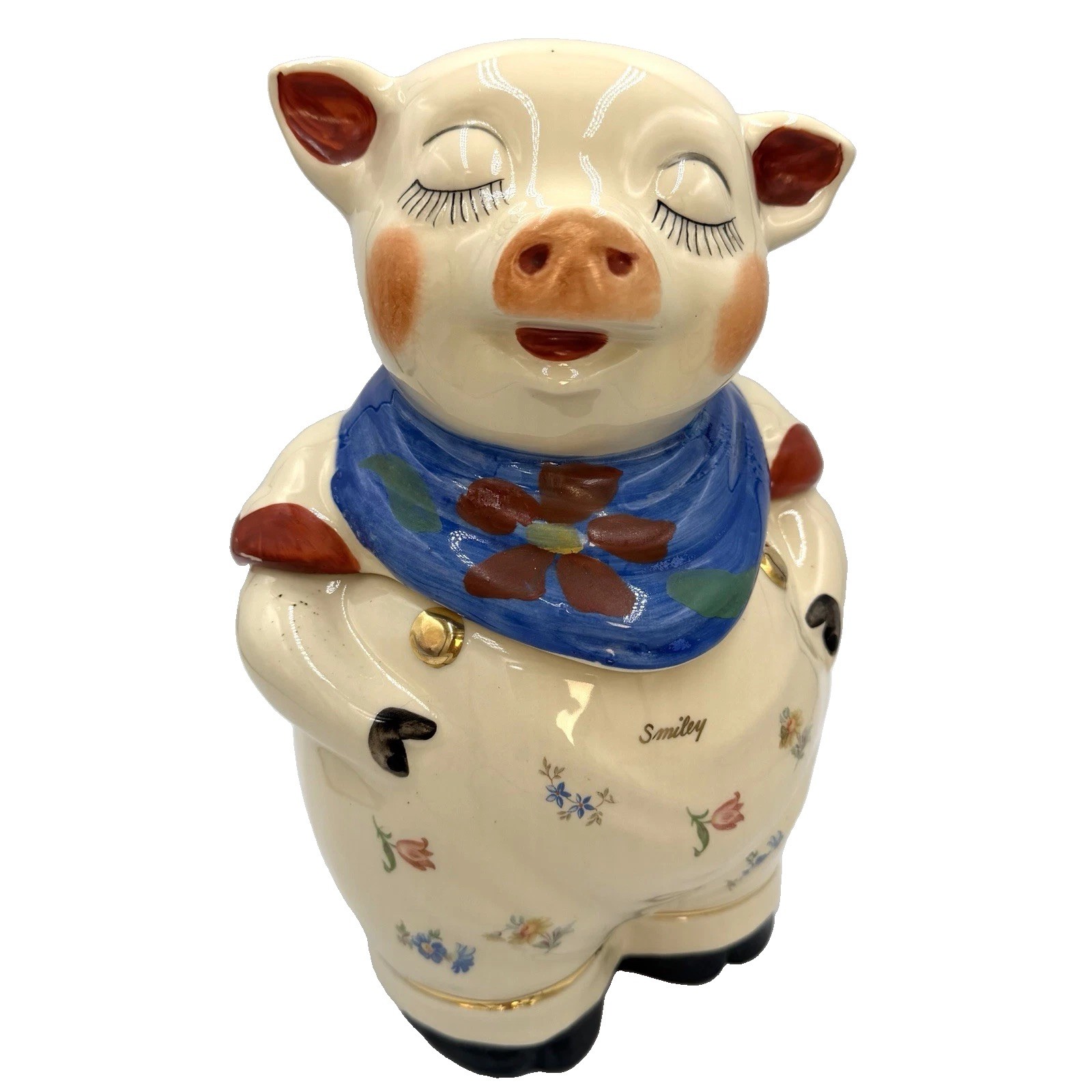 VTG 1940s Shawnee Ceramic SMILEY Pig Cookie Jar RARE Floral BLUE Scarf Collector