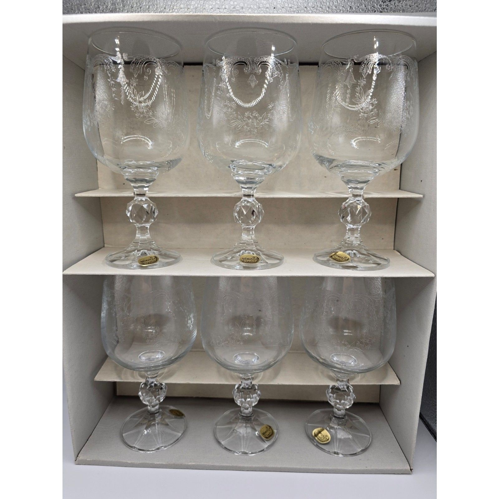Wine Glasses Set of 6 Bohemia Crystal Cascade Etched Floral Goblets Box