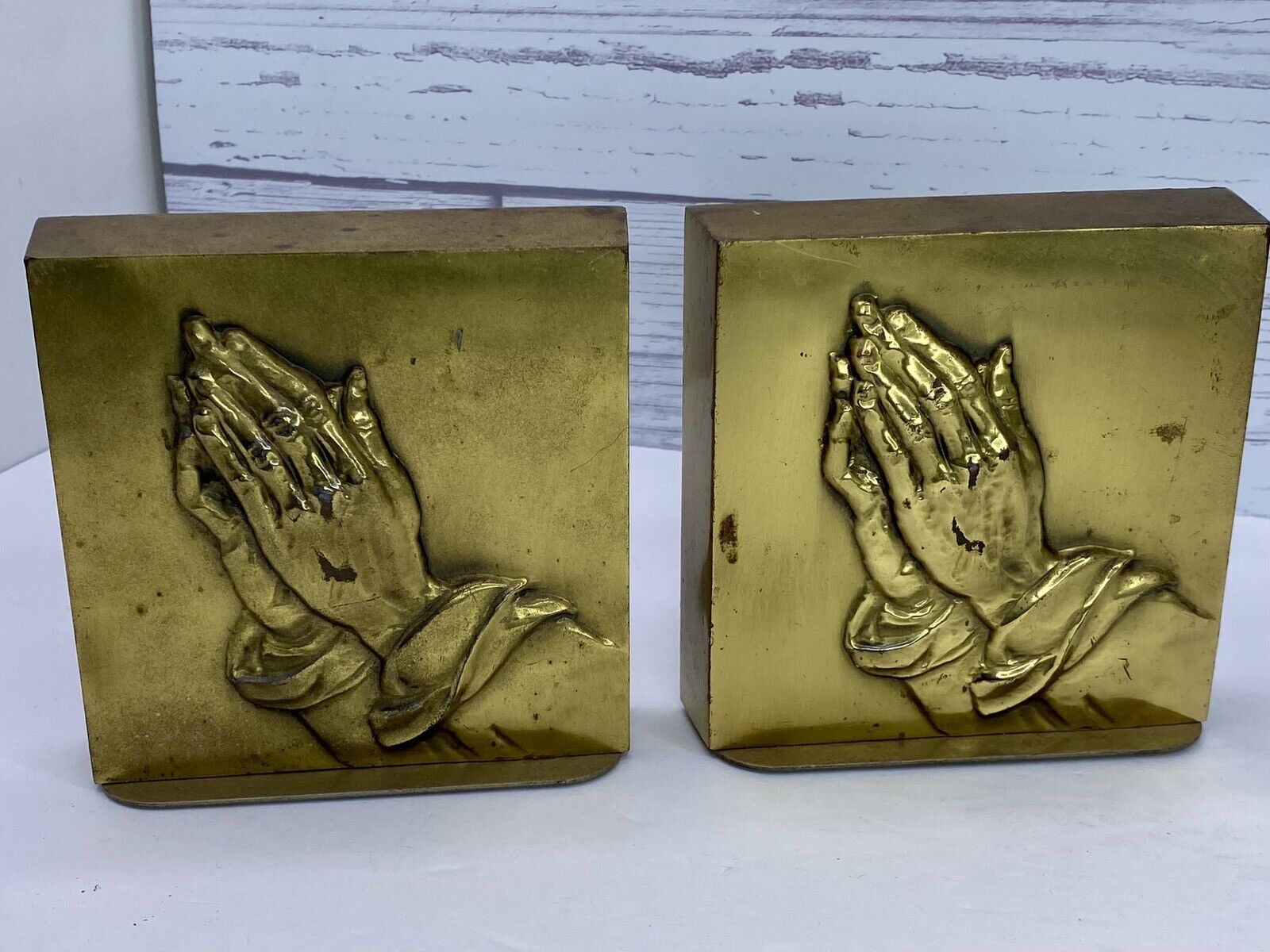 Vintage P M CRAFTSMAN Brass Praying Hands Bookends PMC PM 5” X 5”