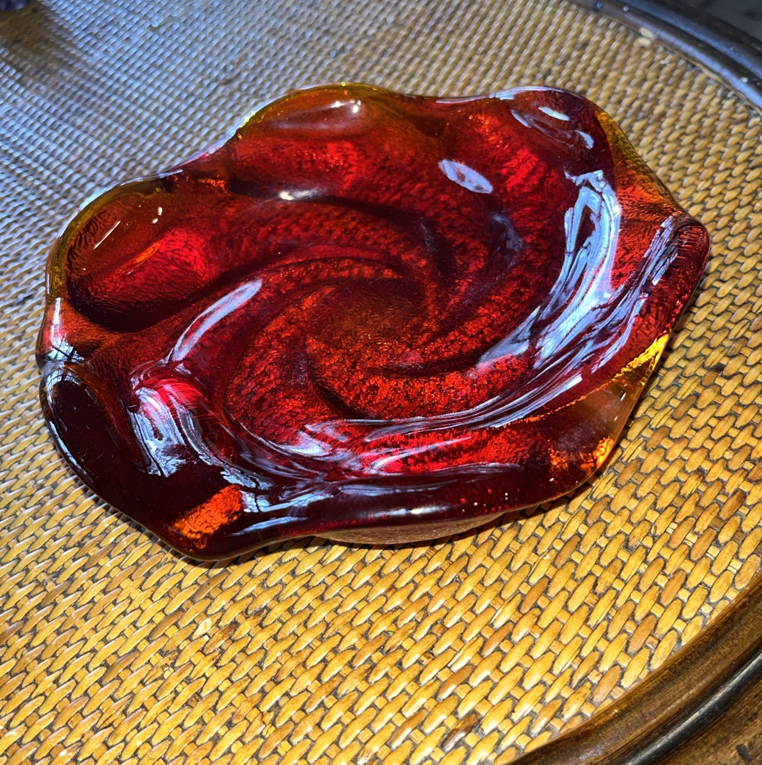 Fenton Art Glass Freeform Swirl Ashtray #9176 in Orange Amberina 1962-late 1970s